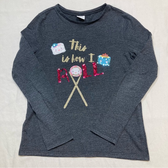 Gymboree Sushi Shirt Girl Medium 7-8 This How I Roll Sequin Top Gray Long Sleeve - Picture 3 of 7
